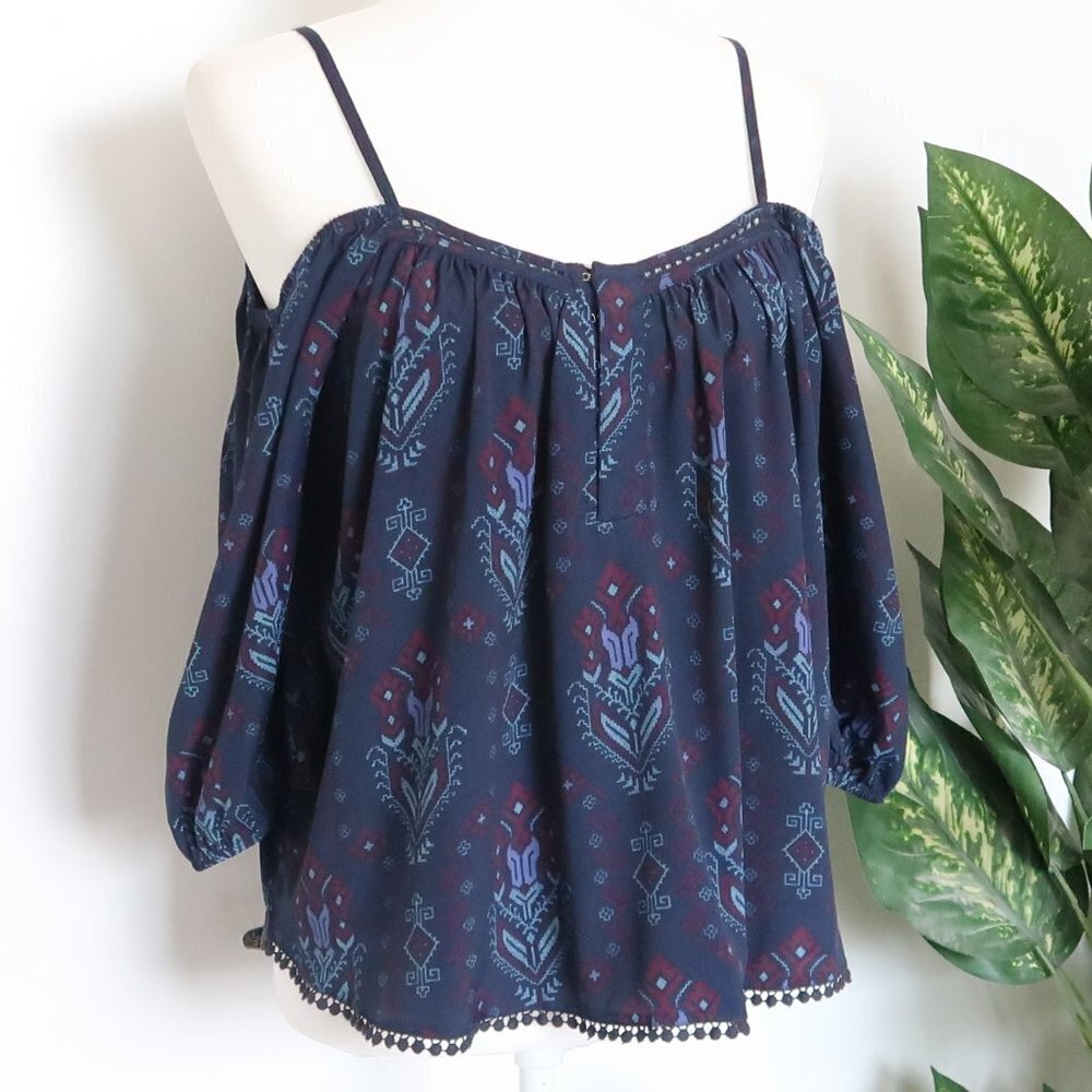 House of Harlow 1960 Navy Geo Print Cold Shoulder Puff Sleeve Top Blouse Medium